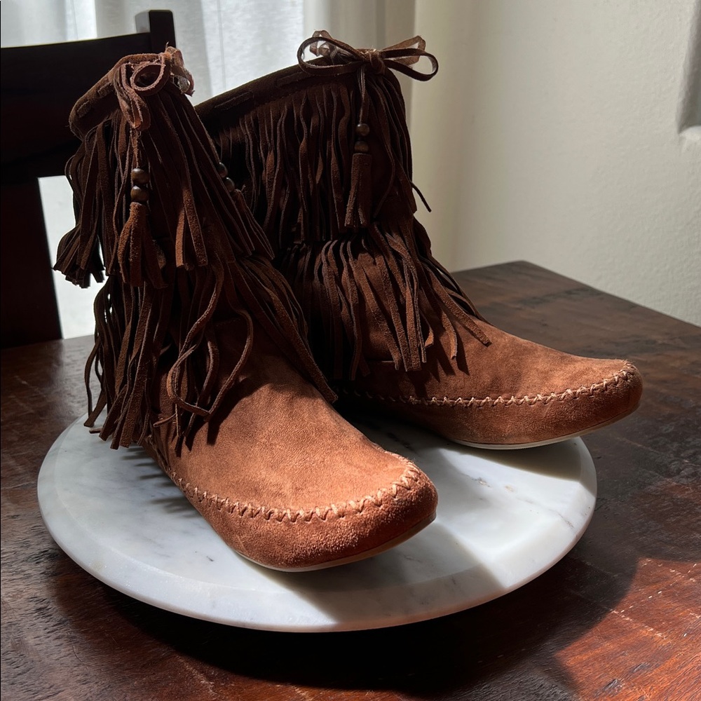 MOSSIMO Ankle Boots Double Fringe Suede Leather Chestnut Brown Women's Size 10 - Picture 5 of 11